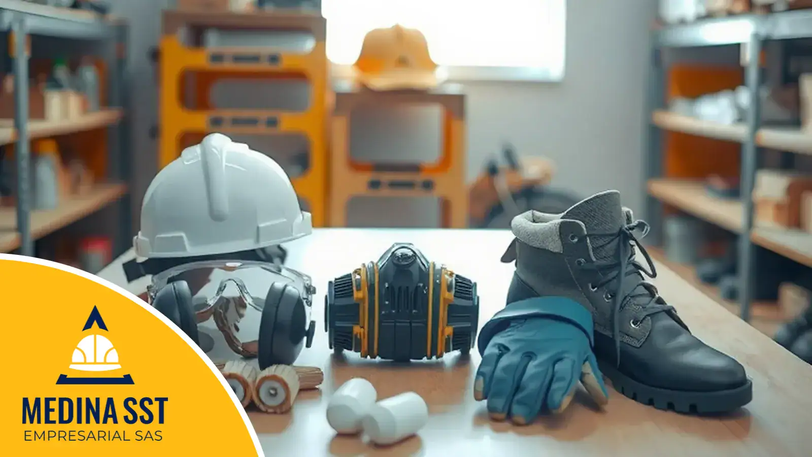 Casco, gafas de seguridad, protectores auditivos, respirador, tapones, guante y bota de seguridad ordenados sobre una mesa de bodega