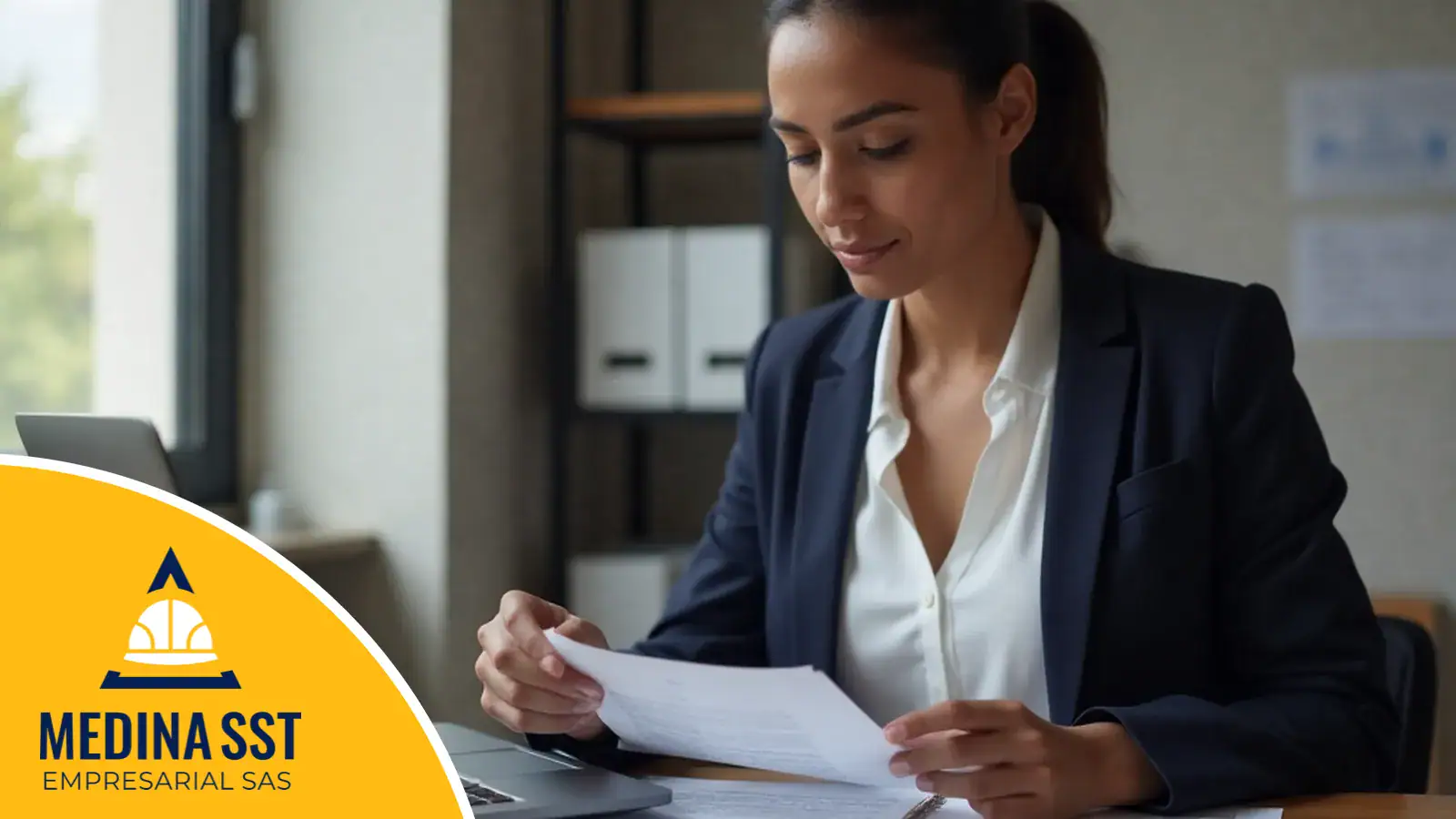 Consultora en seguridad y salud en el trabajo revisa hojas impresas de la batería junto a un portátil