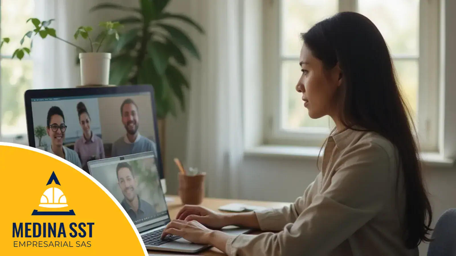 Trabajadora colombiana en una oficina en casa participando por videollamada en una actividad virtual de equipo, con sus compañeros visibles en las pantallas