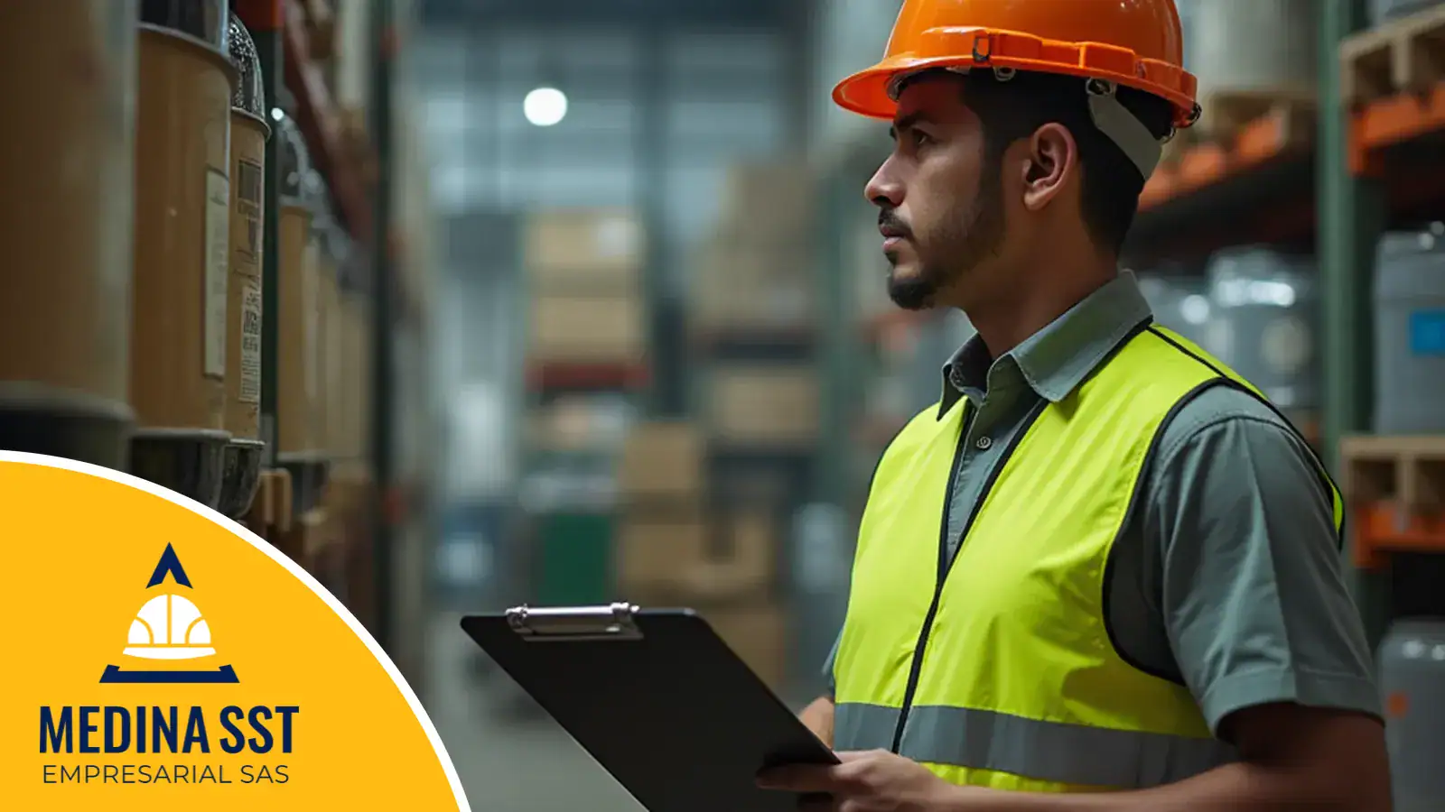 Dos profesionales de seguridad y salud en el trabajo con chaleco reflectivo revisando el almacenamiento de sustancias químicas en una bodega industrial