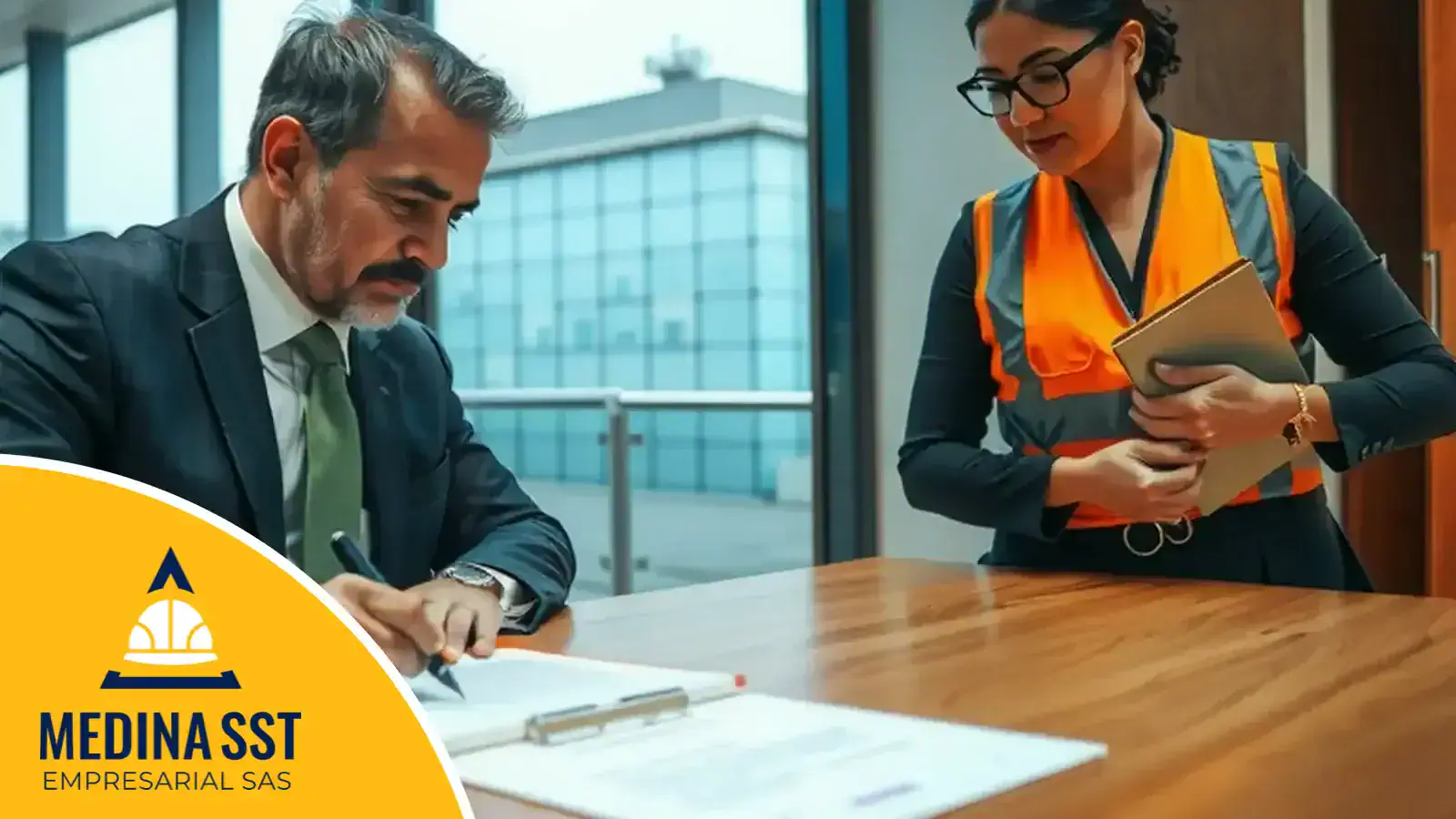 Representante legal de una empresa firmando la política de seguridad y salud en el trabajo junto al responsable del SG-SST