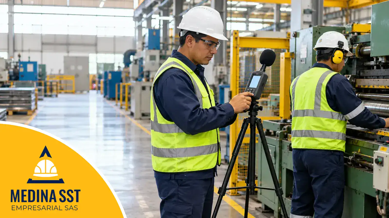 Higienista ocupacional midiendo el nivel de ruido con un sonómetro en una planta industrial, a la altura de la cabeza de un operario con protección auditiva