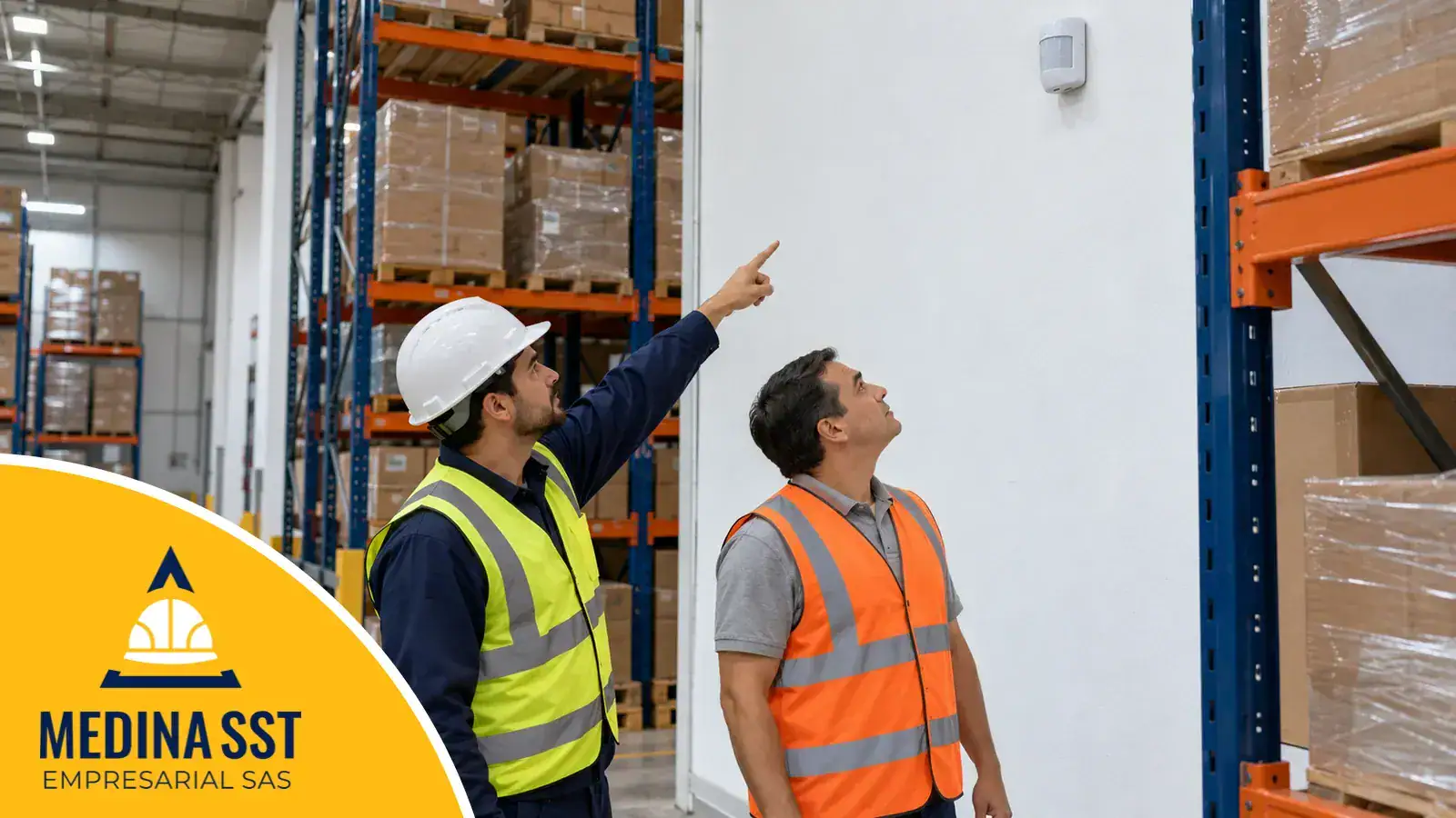 Técnico con casco, uniforme y chaleco reflectivo le señala al jefe de bodega el sensor de movimiento instalado en la parte alta de un muro, por encima de las estanterías