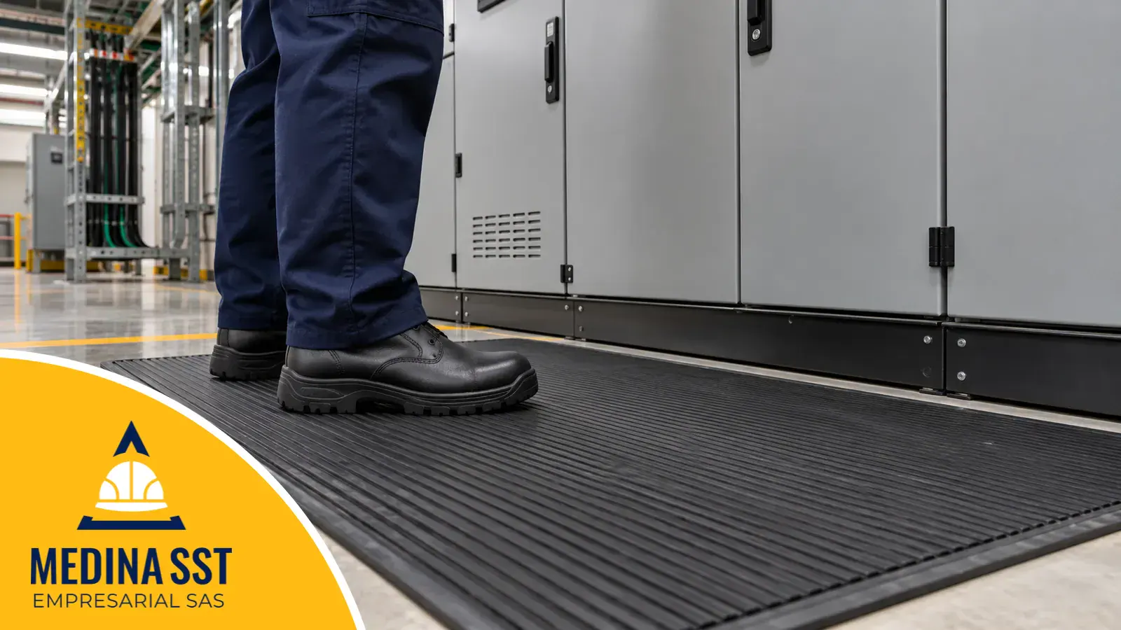 Botas dieléctricas de seguridad de cuero negro con suela gruesa de caucho, sobre un tapete aislante de caucho frente a la base de un tablero eléctrico cerrado