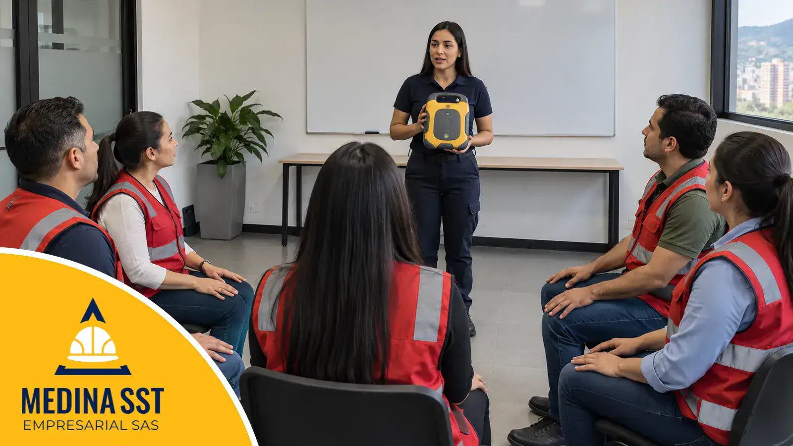 Brigadistas con chaleco reflectivo atienden en una sala de capacitación de la empresa la explicación de una instructora sobre el desfibrilador externo automático de entrenamiento