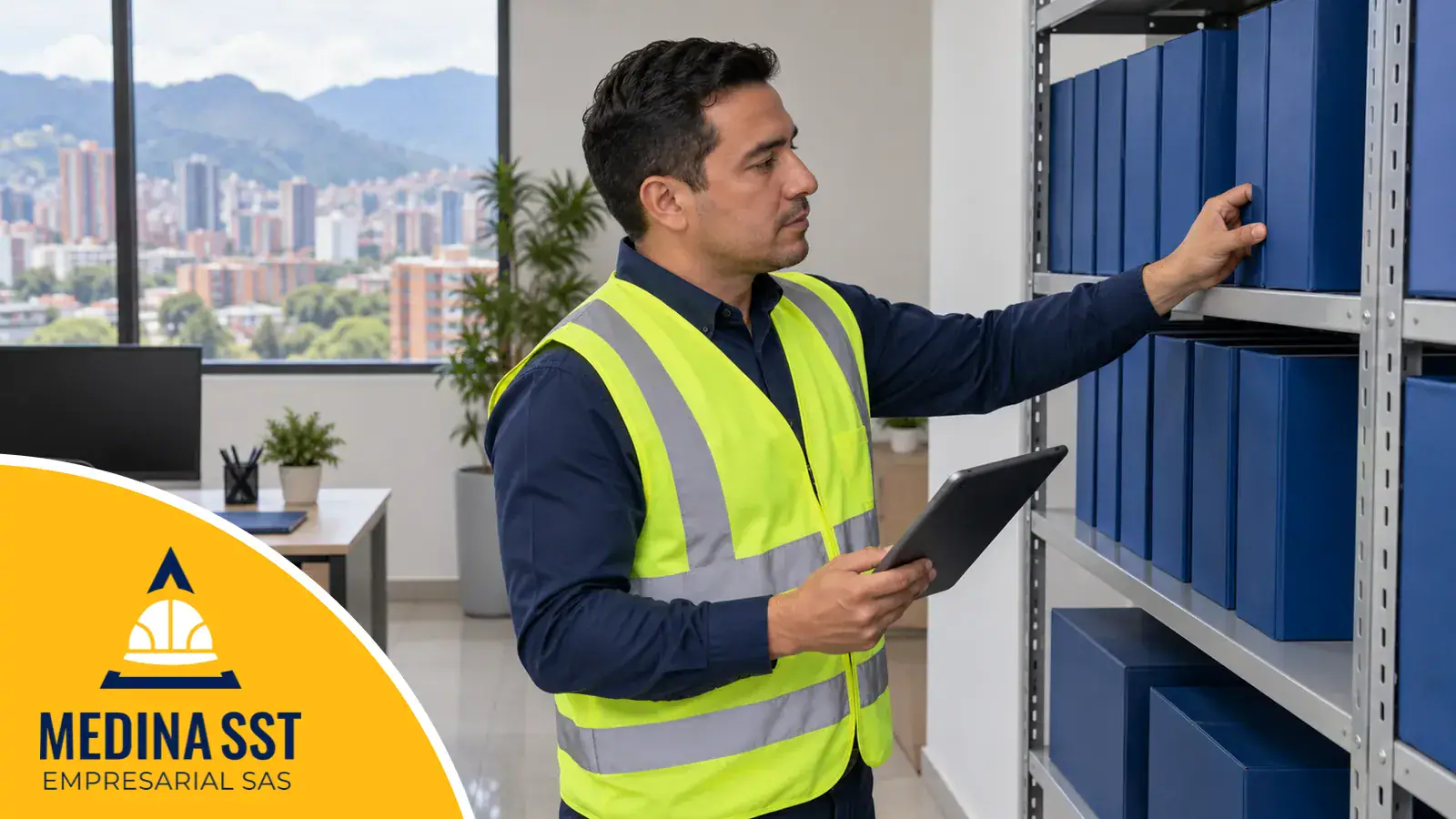 Un coordinador de seguridad y salud en el trabajo con chaleco reflectivo organiza carpetas de evidencias en un estante de oficina mientras consulta la matriz en una tableta