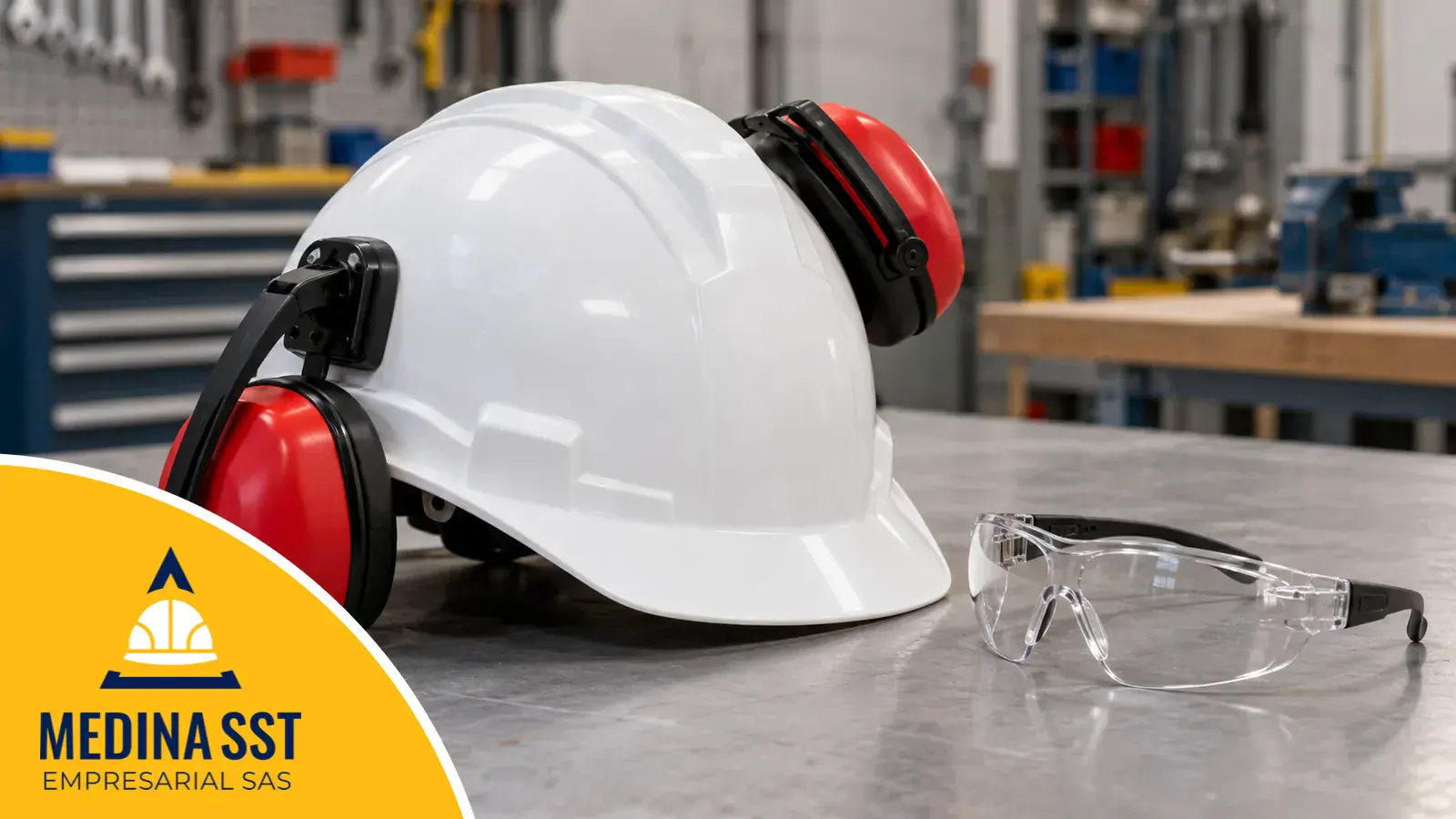 Casco de seguridad blanco con protección auditiva: orejeras de copa rojas acopladas a los lados, una bajada en posición de uso y otra subida en posición de reposo, junto a unas gafas de seguridad