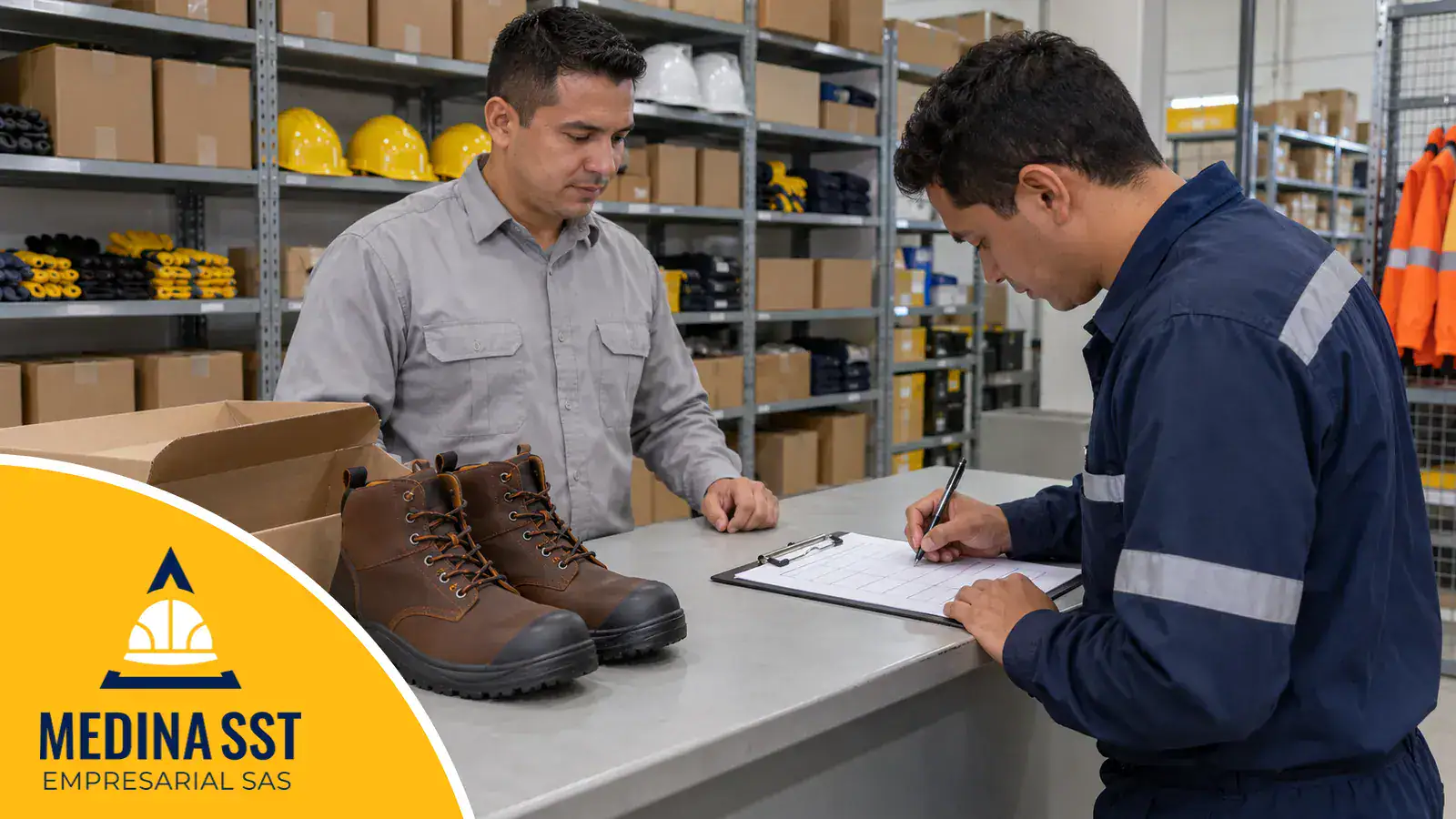 Trabajador con uniforme de manga larga firma el registro de entrega de un par de botas con puntera de seguridad nuevas, junto a su caja de cartón, en el mostrador del almacén de la planta