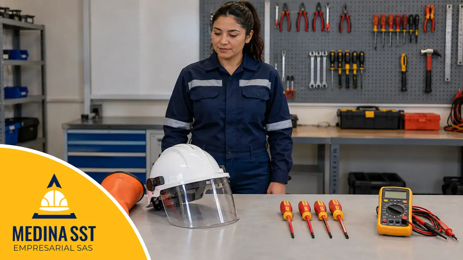 Técnica con uniforme de reflectivos junto a una mesa con casco dieléctrico con visor, guantes, destornilladores aislados y multímetro, frente a un tablero de herramientas