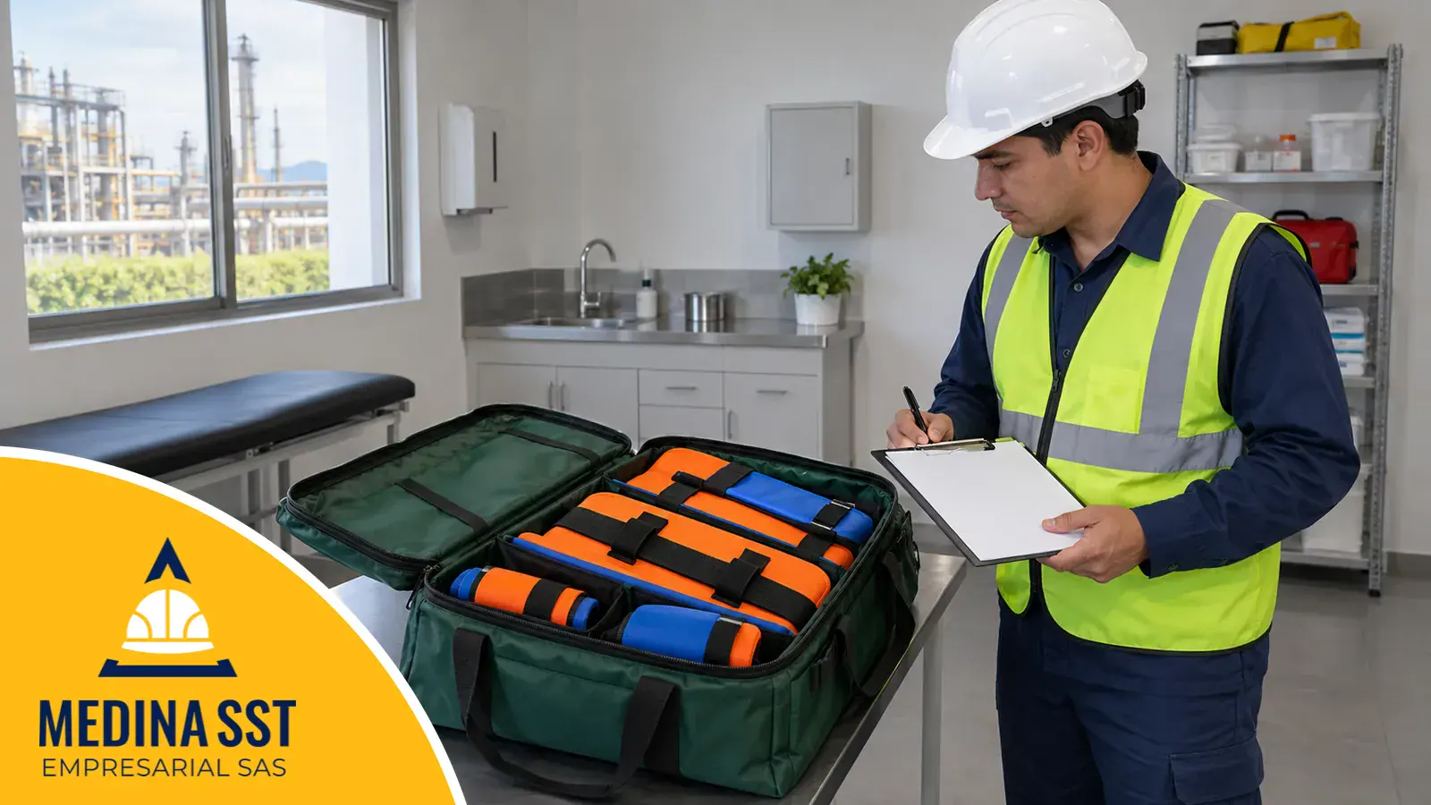 Inspector de seguridad con casco blanco, uniforme azul y chaleco amarillo, con una tabla de apoyo, revisa un maletín verde de emergencias con inmovilizadores de extremidades naranja y azul sobre una mesa en la sala de primeros auxilios de una planta