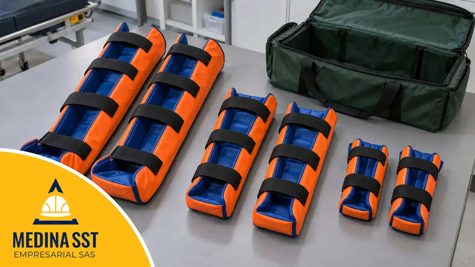 Kit de inmovilizadores de extremidades de varias longitudes, para pierna y brazo de adulto y de niño, con forro de vinilo naranja y azul y correas de velcro, junto a un maletín verde de emergencias sobre una mesa de la sala de primeros auxilios de una empresa