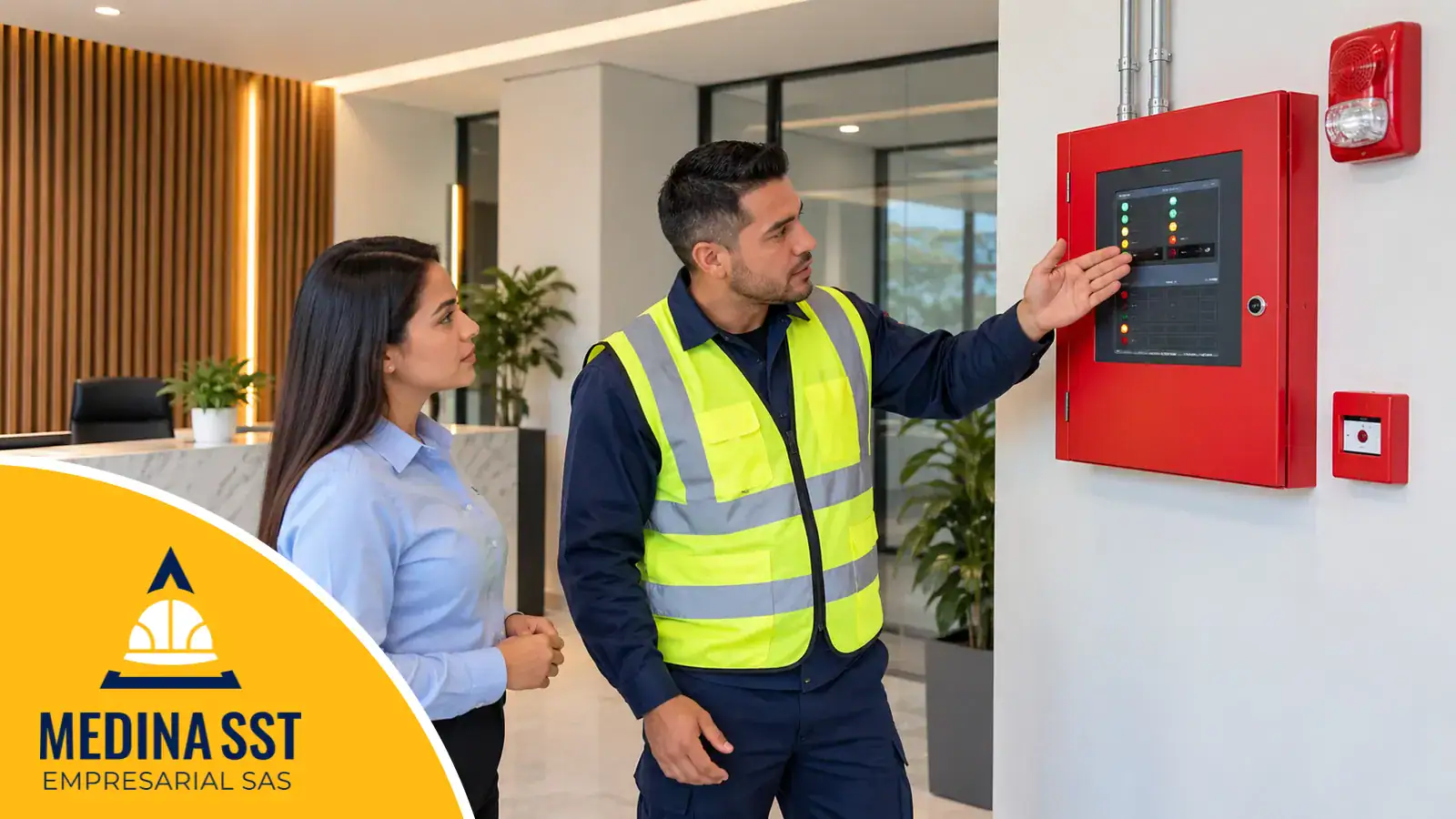 Técnico con chaleco reflectivo señala con la mano abierta un panel de alarma contra incendios rojo instalado en la pared de la recepción, junto a una sirena con luz y un pulsador manual, mientras una trabajadora lo escucha