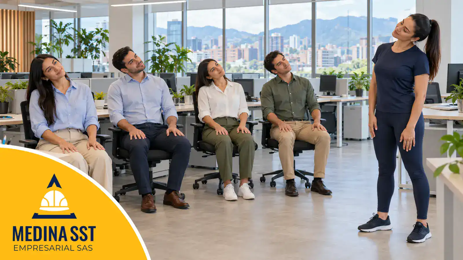 Instructora de yoga empresarial guía a trabajadores sentados en sus sillas de oficina en un estiramiento de cuello, sin cambiarse de ropa