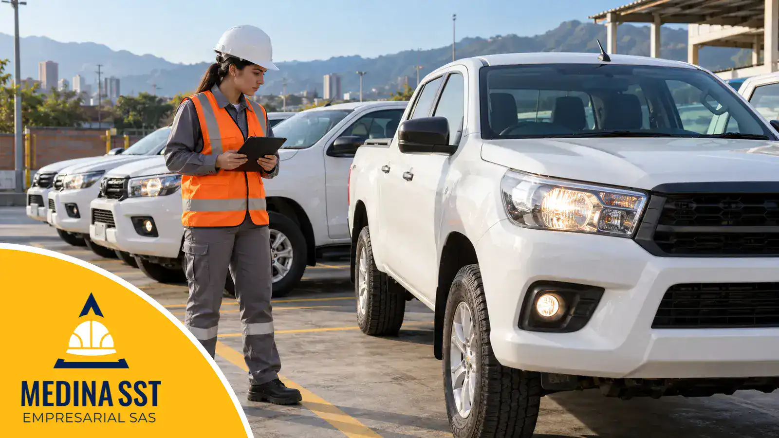 Personal de flota con casco y chaleco reflectivo revisa en una tableta la inspección preoperacional junto a las camionetas de la empresa, uno de los indicadores PESV de todos los niveles