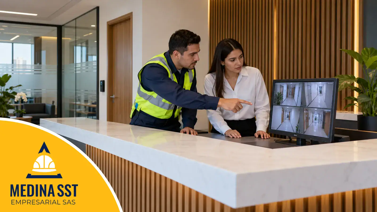 Técnico con uniforme y chaleco reflectivo y la jefa administrativa revisan en la recepción de una empresa el lector de acceso de la puerta y las cámaras en el monitor