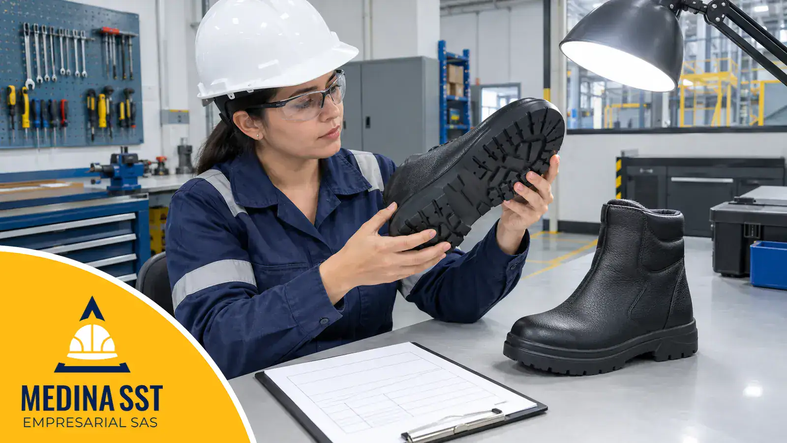 Supervisora con casco, gafas y uniforme de manga larga revisa bajo una lámpara la suela de caucho de una bota dieléctrica de seguridad, con la otra bota y un formato de inspección sobre la mesa