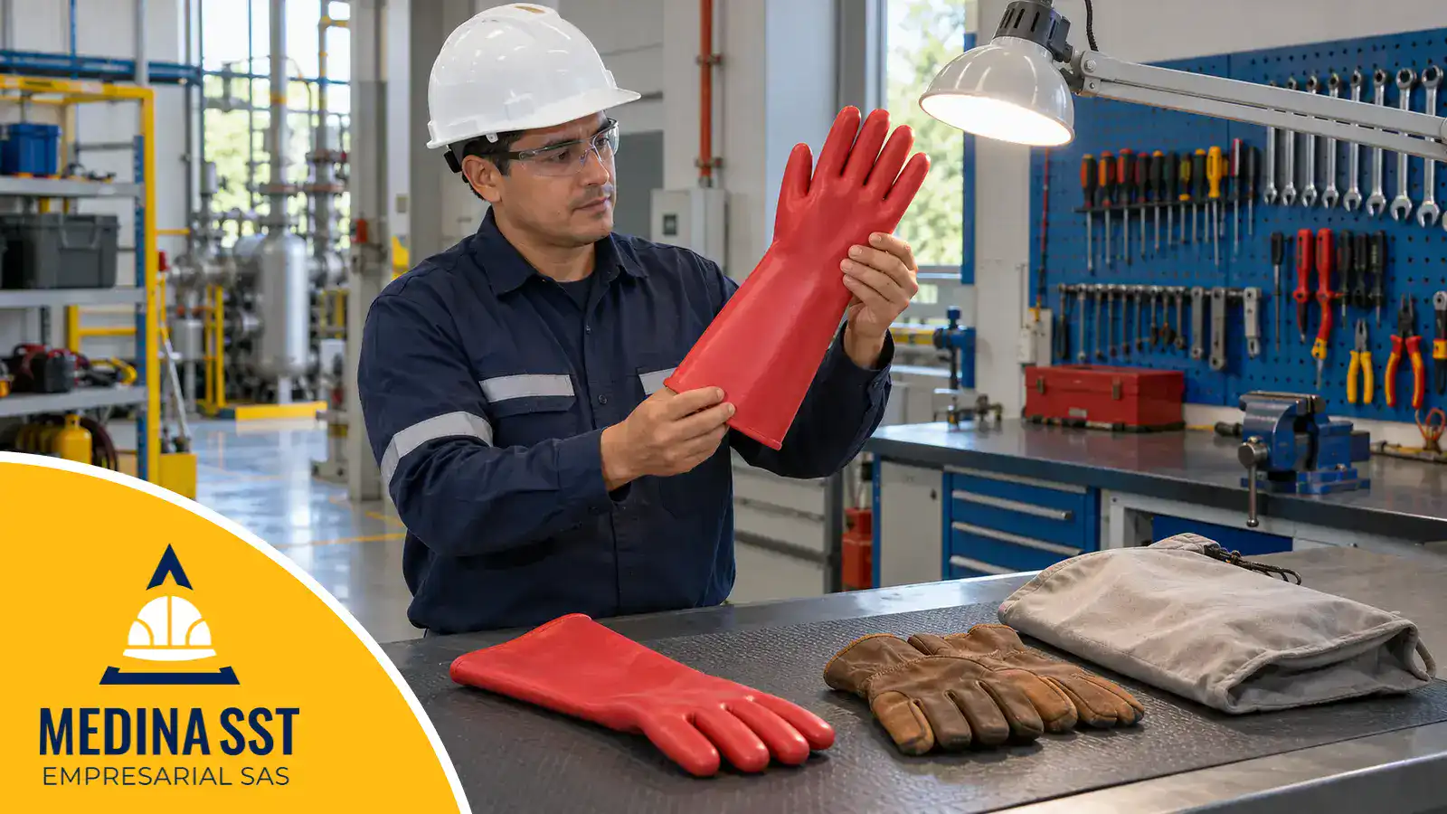 Electricista con casco, gafas y uniforme de manga larga revisa la superficie de un guante dieléctrico rojo bajo una lámpara de taller, con el otro guante, los protectores de cuero y la bolsa de almacenamiento sobre la mesa