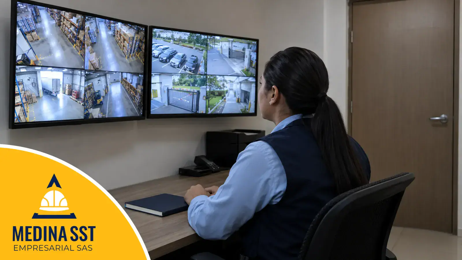 Supervisora con uniforme de la empresa revisa las imágenes de las cámaras de seguridad en los monitores de un cuarto de acceso restringido