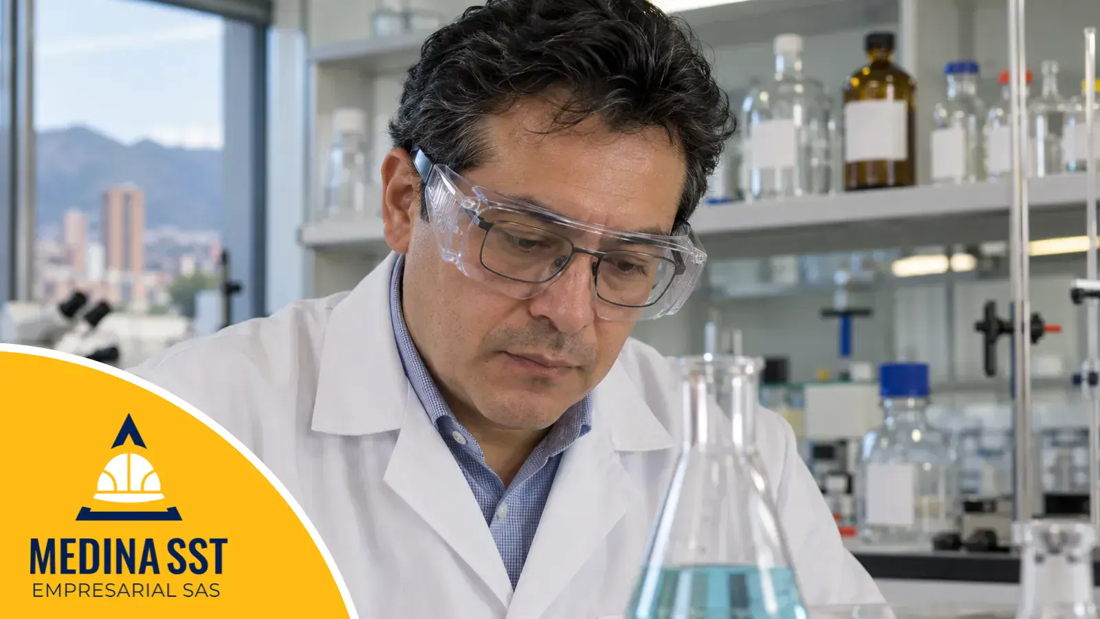 Técnico de laboratorio con bata blanca que usa gafas de seguridad de laboratorio amplias con protección lateral puestas encima de sus anteojos formulados
