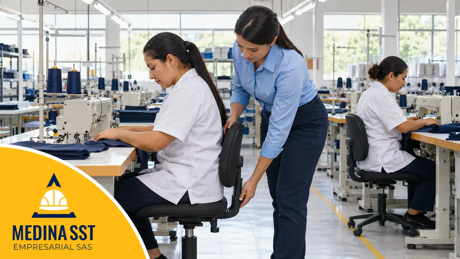 Profesional de SST ajusta la silla de una operaria en un taller de confección con máquinas de coser industriales
