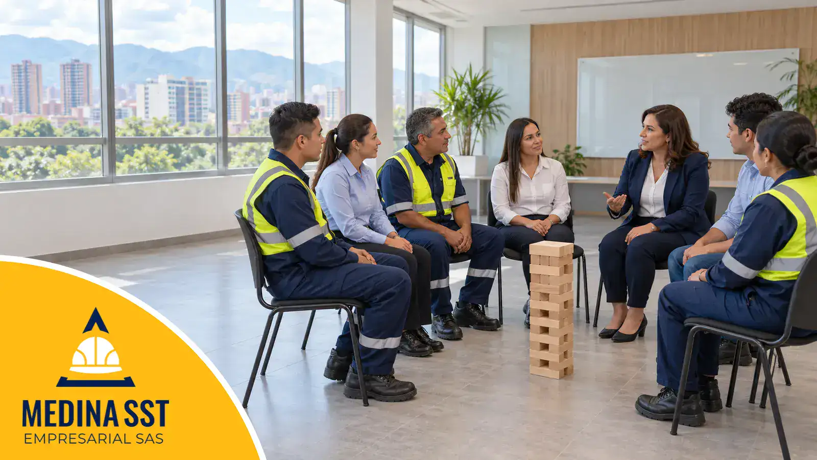 Actividades grupales para empresas: siete trabajadores, unos con uniforme azul y chaleco reflectivo y otros con camisa de oficina, sentados en círculo conversan con una facilitadora alrededor de una torre de bloques de madera