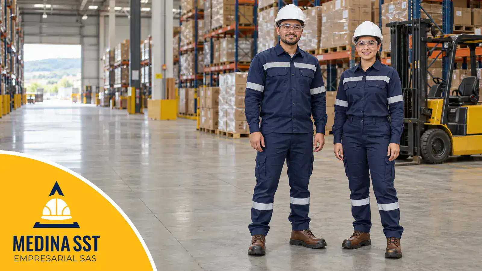 Botas con puntera de seguridad: dos trabajadores de una bodega con casco, gafas, uniforme de manga larga con reflectivos y botas de cuero café con puntera reforzada y suela labrada