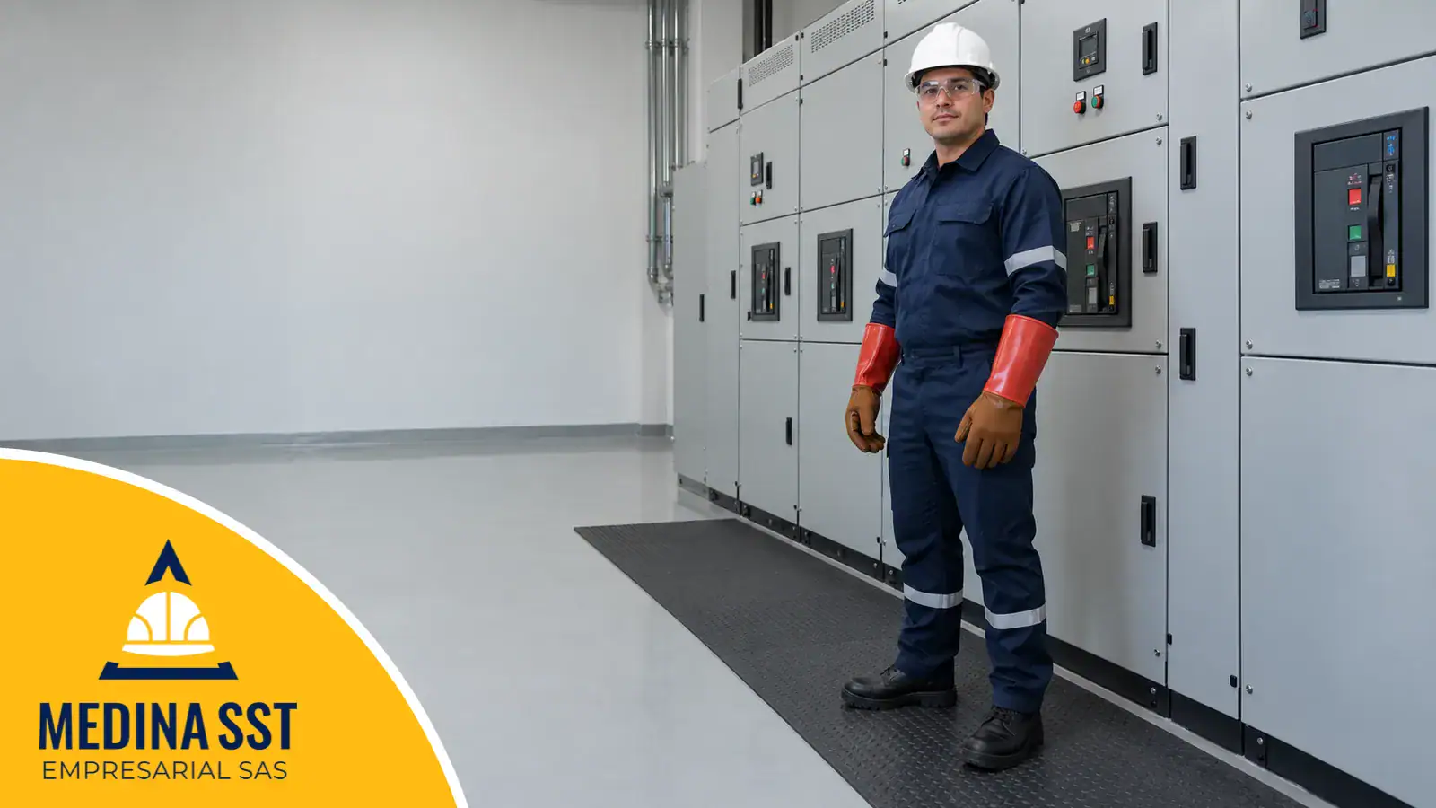 Botas dieléctricas de seguridad: electricista con casco dieléctrico, gafas, uniforme de manga larga, guantes aislantes con protector de cuero y botas de cuero negro con suela de caucho, de pie sobre un tapete aislante frente a los tableros