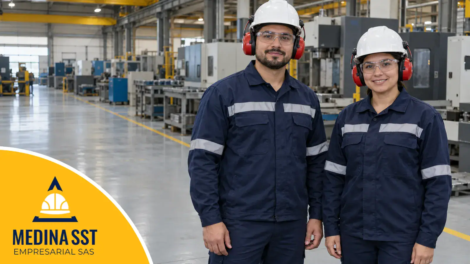 Cascos con protección auditiva: dos trabajadores de una planta metalmecánica con casco blanco y orejeras de copa rojas acopladas y bajadas sobre los oídos, gafas y uniforme de manga larga con reflectivos