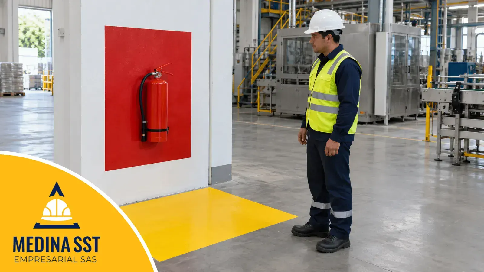 Demarcación de extintores: un extintor rojo colgado en la pared de una planta, con franja roja en el muro y el espacio libre demarcado en amarillo en el piso, mientras un técnico con casco y chaleco lo revisa