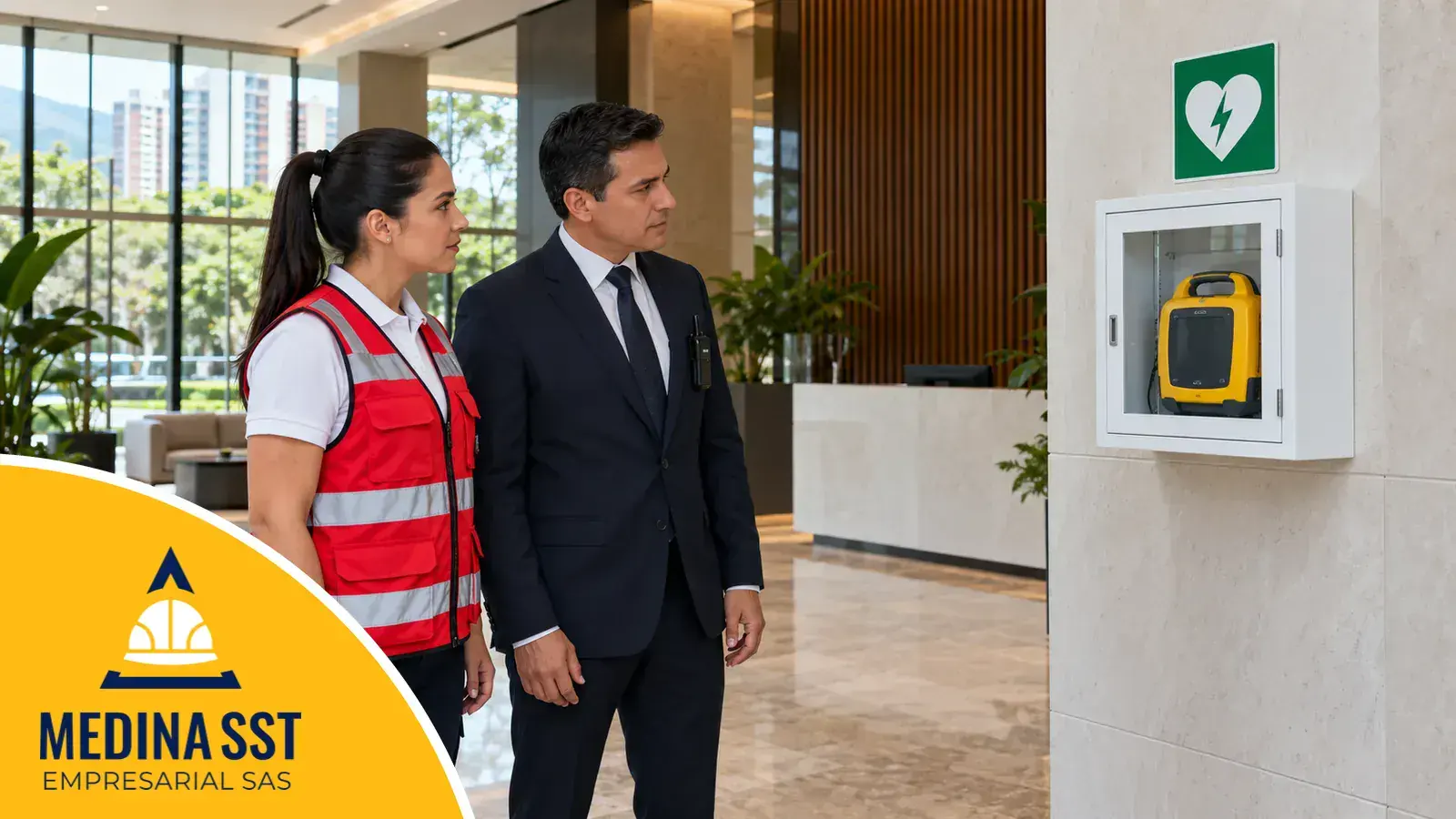 Desfibrilador externo automático en el gabinete de pared del vestíbulo de un centro empresarial, con una brigadista de chaleco reflectivo que lo revisa junto al jefe de seguridad