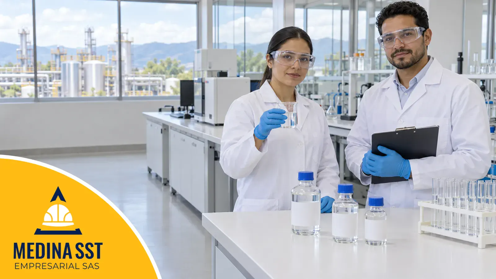 Gafas de seguridad de laboratorio: dos técnicos con bata blanca, guantes de nitrilo y gafas de seguridad transparentes puestas sobre los ojos, junto a la mesa de un laboratorio de control de calidad