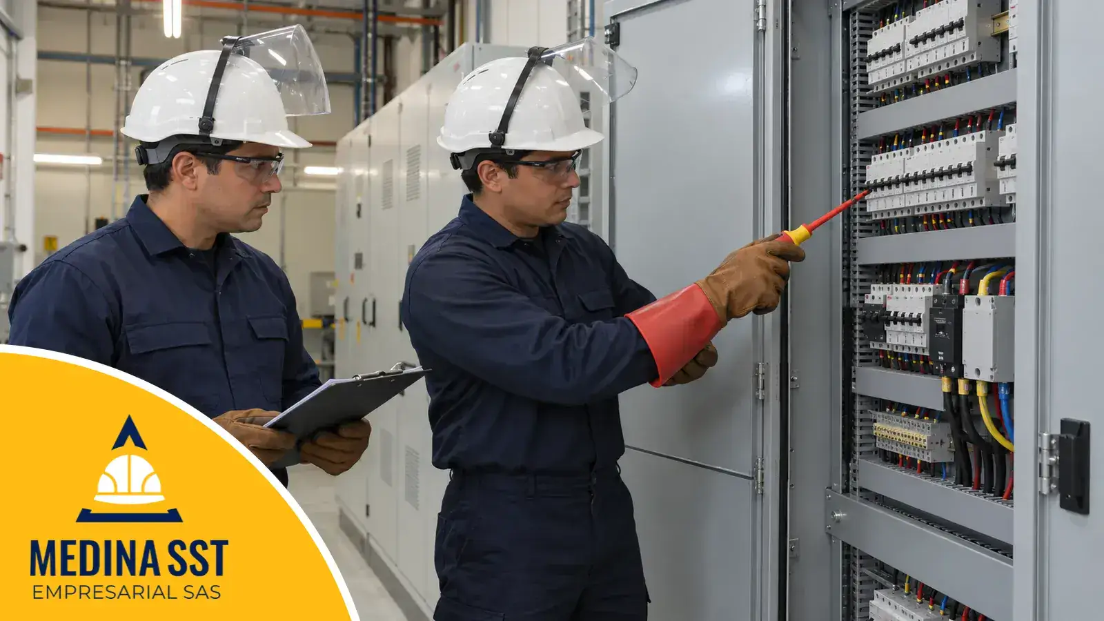 Guantes dieléctricos: dos electricistas con casco dieléctrico, gafas y uniforme de manga larga, con guantes de caucho rojos y protectores de cuero encima, frente a un tablero eléctrico abierto