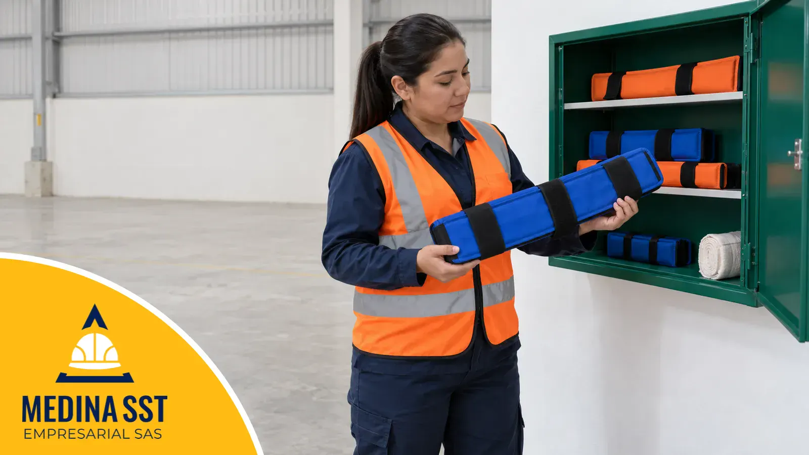 Brigadista con uniforme azul y chaleco naranja revisa un inmovilizador de extremidades azul con correas de velcro junto a un botiquín de pared verde con férulas de varios tamaños, en una bodega