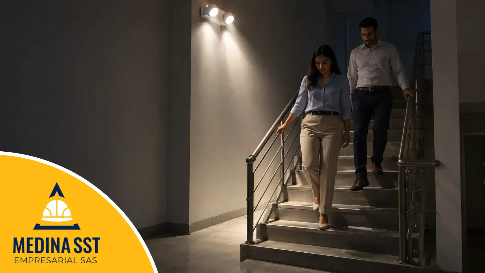 Lámpara de emergencia fija en la pared de una escalera de oficinas durante un corte de energía, con dos focos que iluminan los escalones mientras dos empleados bajan tomados del pasamanos