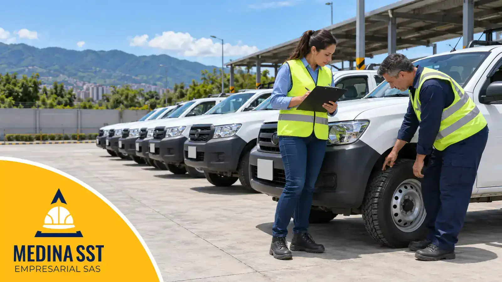 Responsable de seguridad vial y conductor de una empresa colombiana revisan un vehículo de la flota antes de salir, como parte del plan estratégico de seguridad vial