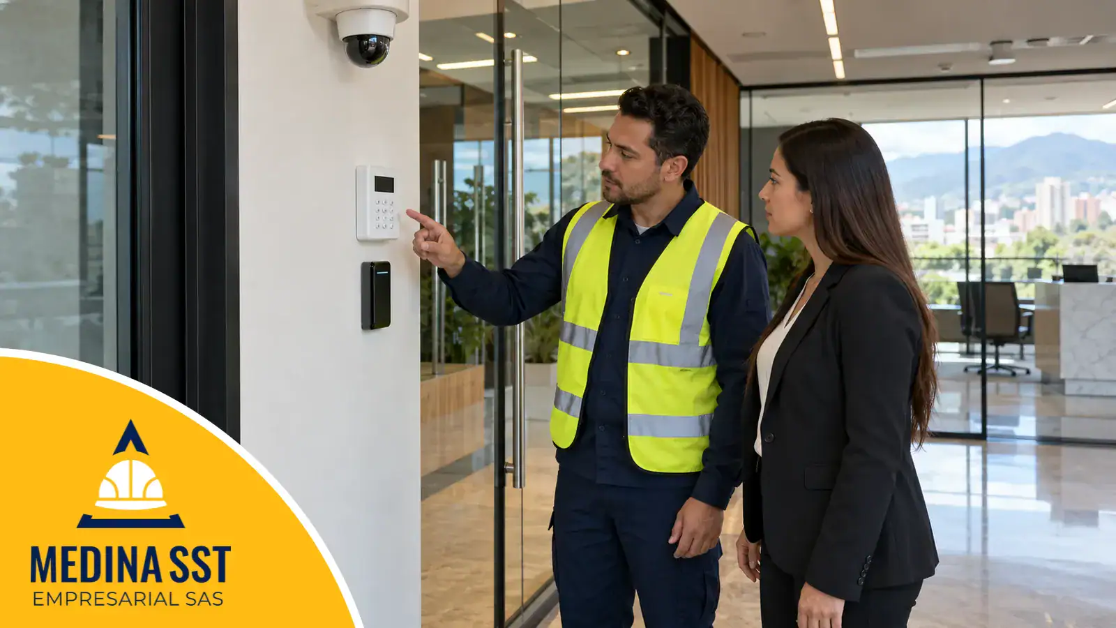 Sistema de seguridad electrónica: un técnico con uniforme y chaleco reflectivo revisa con la gerente de una empresa el panel de alarma junto a la puerta de acceso con lector de tarjeta y una cámara en el techo
