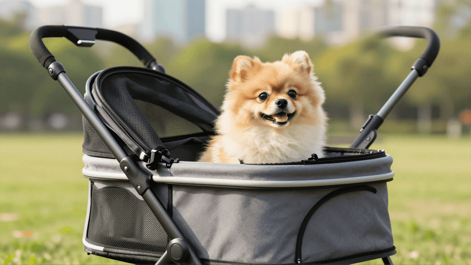 A happy small dog enjoying the outdoors in the best pet stroller for small dogs.