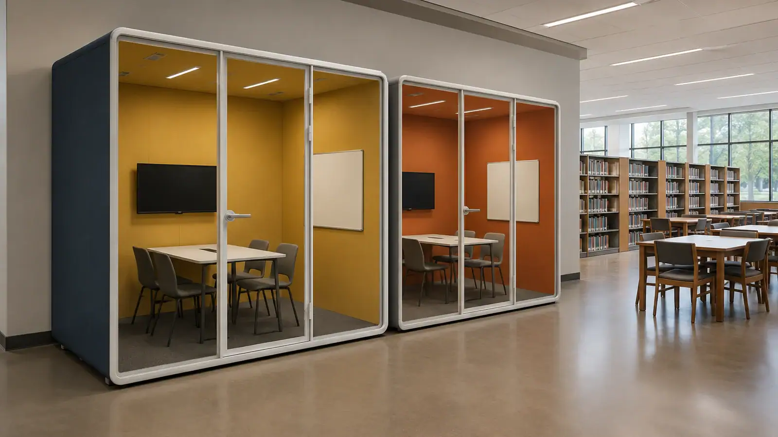 Two Claritycastle Collab Pods With A Table, Four Chairs, A Monitor And A Whiteboard In A Library Reading Room
