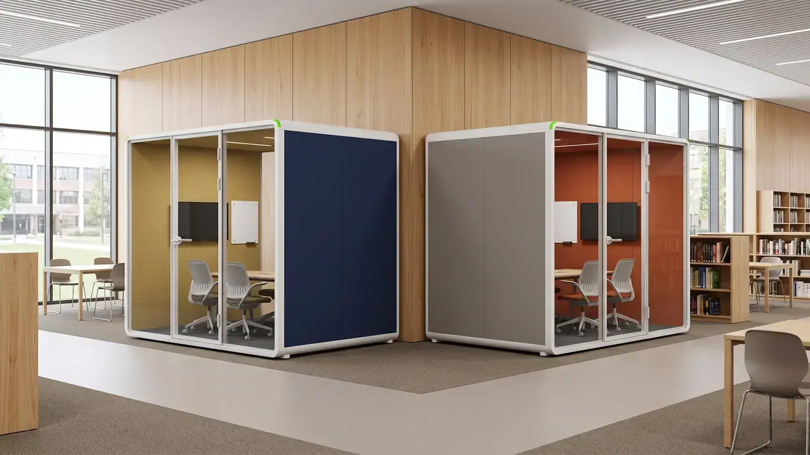 Two Four-Person Claritycastle Collab Pods With Monitors And Whiteboards In A Library With Wood-Panelled Walls