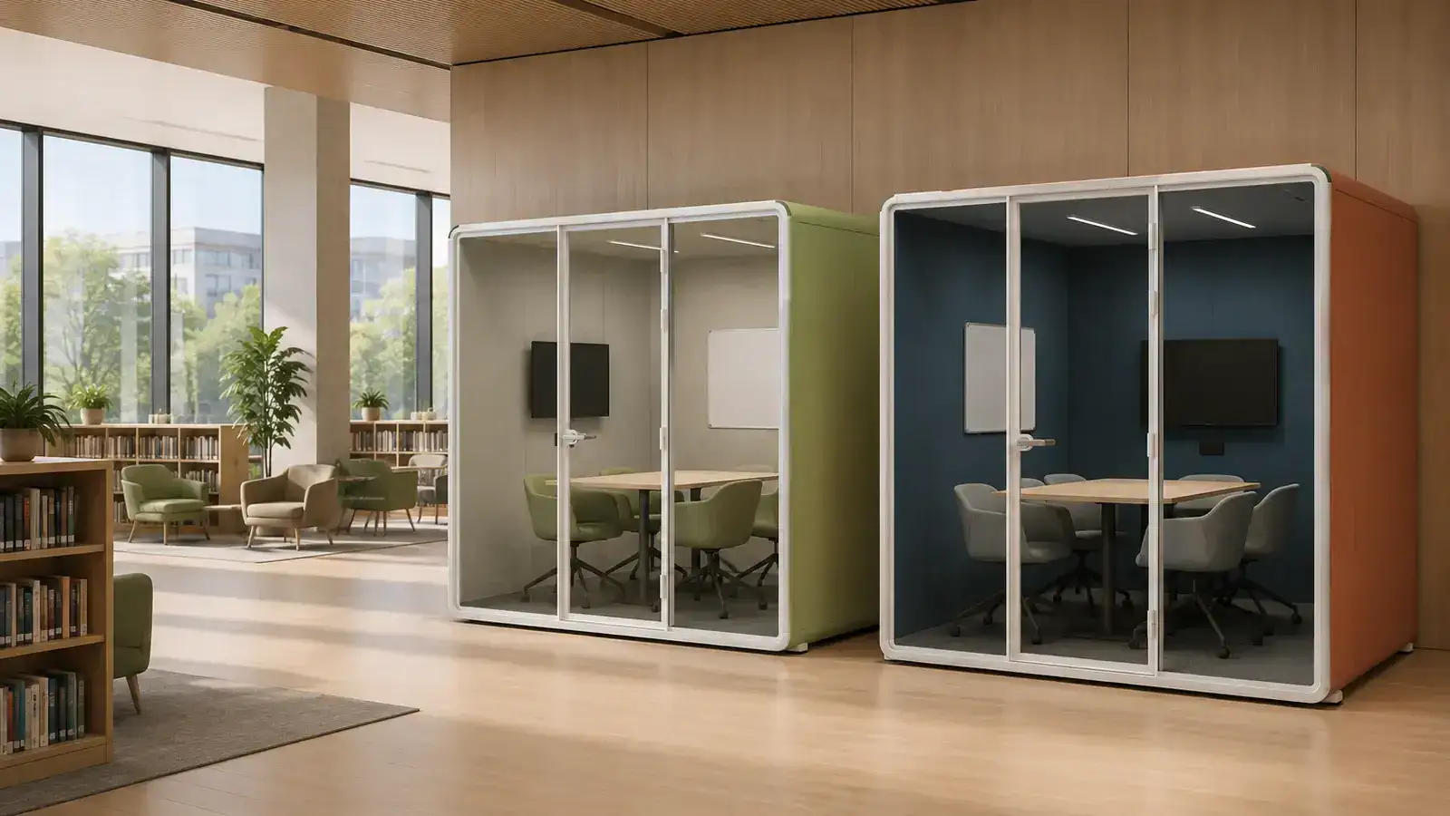Two Claritycastle Collab Pods With Tables, Chairs, Monitors And Whiteboards Inside A Library Learning Commons