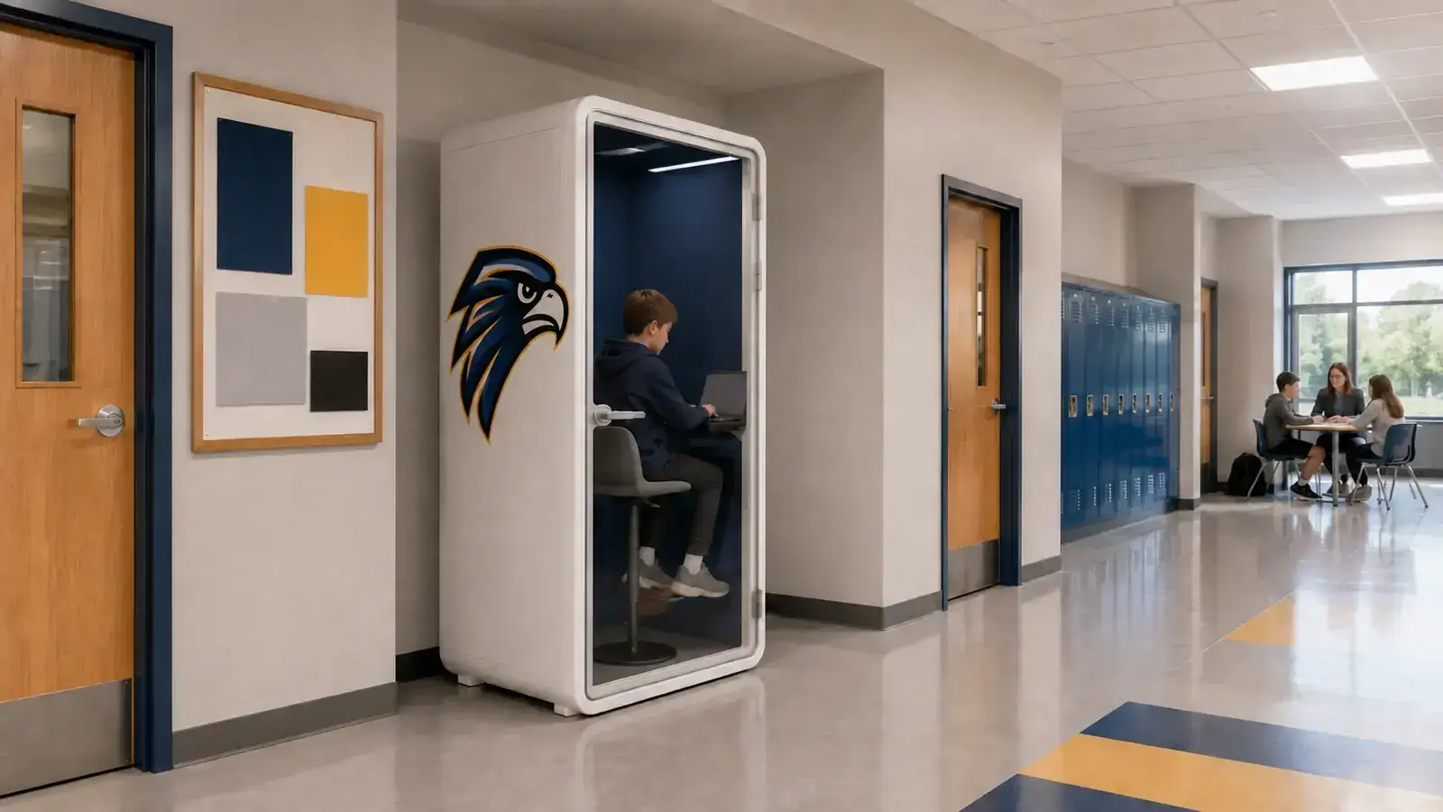 Student Using A Claritycastle Student Pod In A Middle-School Corridor
