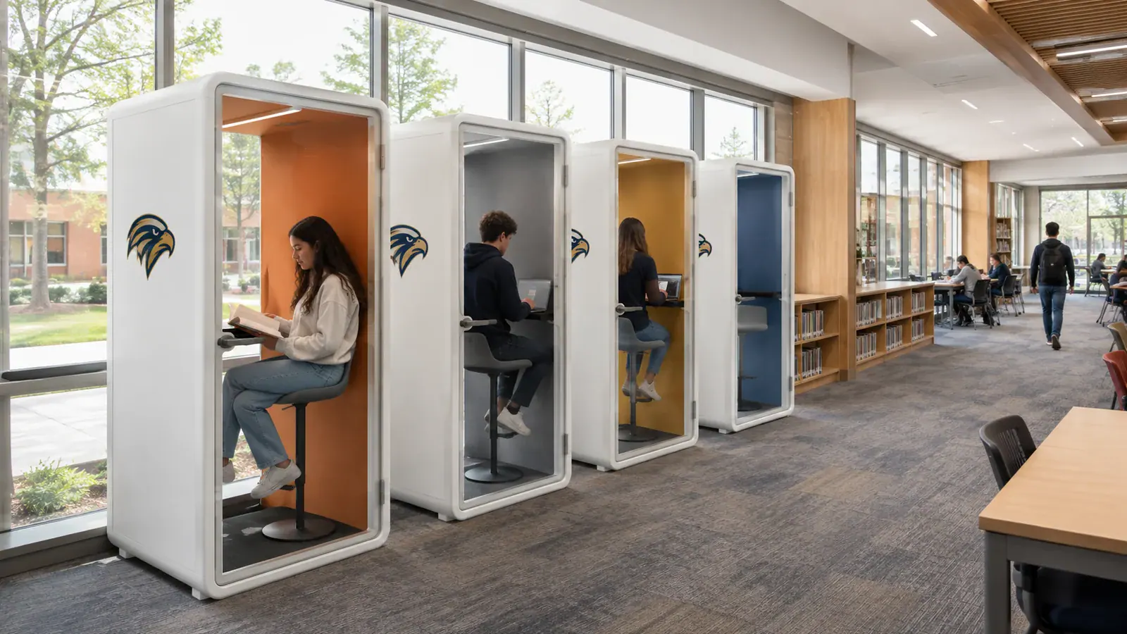 Student Study Pods With Different Interior Colors In A Modern Library