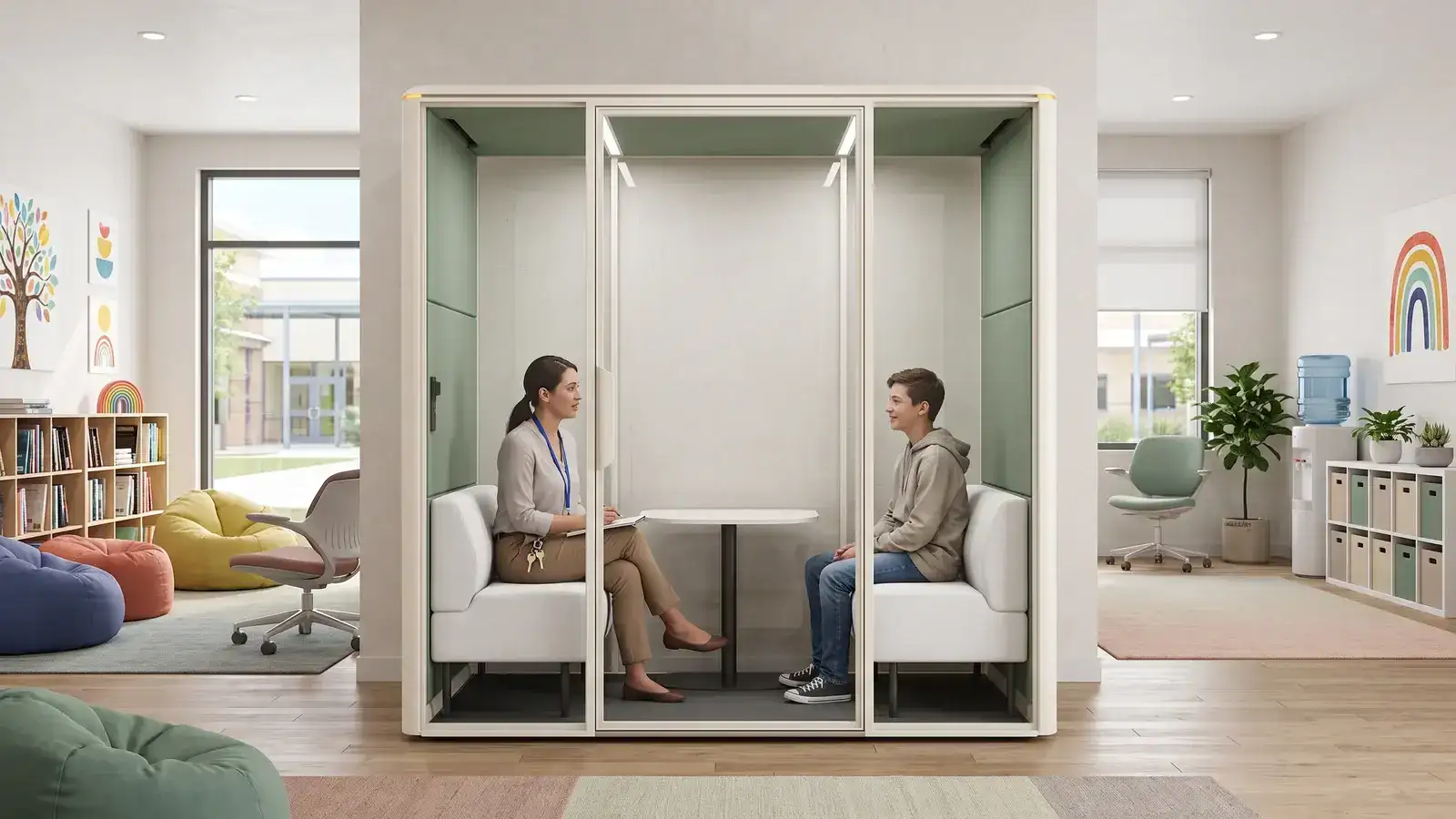 Student Support Pod With A School Counselor And A Student Seated Face To Face Across A Shared Table