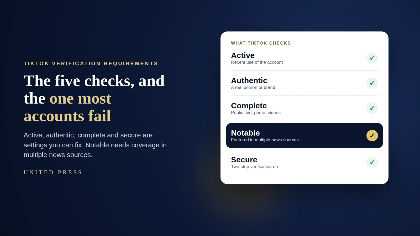 TikTok verification requirements: active, authentic, complete, notable and secure, with notable meaning featured in multiple news sources