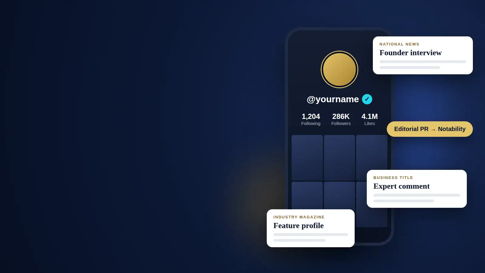 TikTok verification PR: a creator profile with a verified badge and editorial coverage in national news, magazines and business titles
