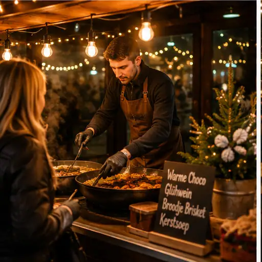Kok achter een winterse foodstand met warme dranken en gerechten
