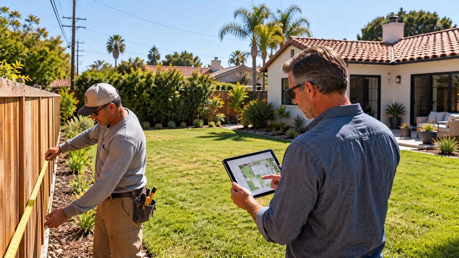 Contractor measuring the side-yard setback along a wood fence while a homeowner reviews a site plan on a tablet during an ADU feasibility check in a California backyard