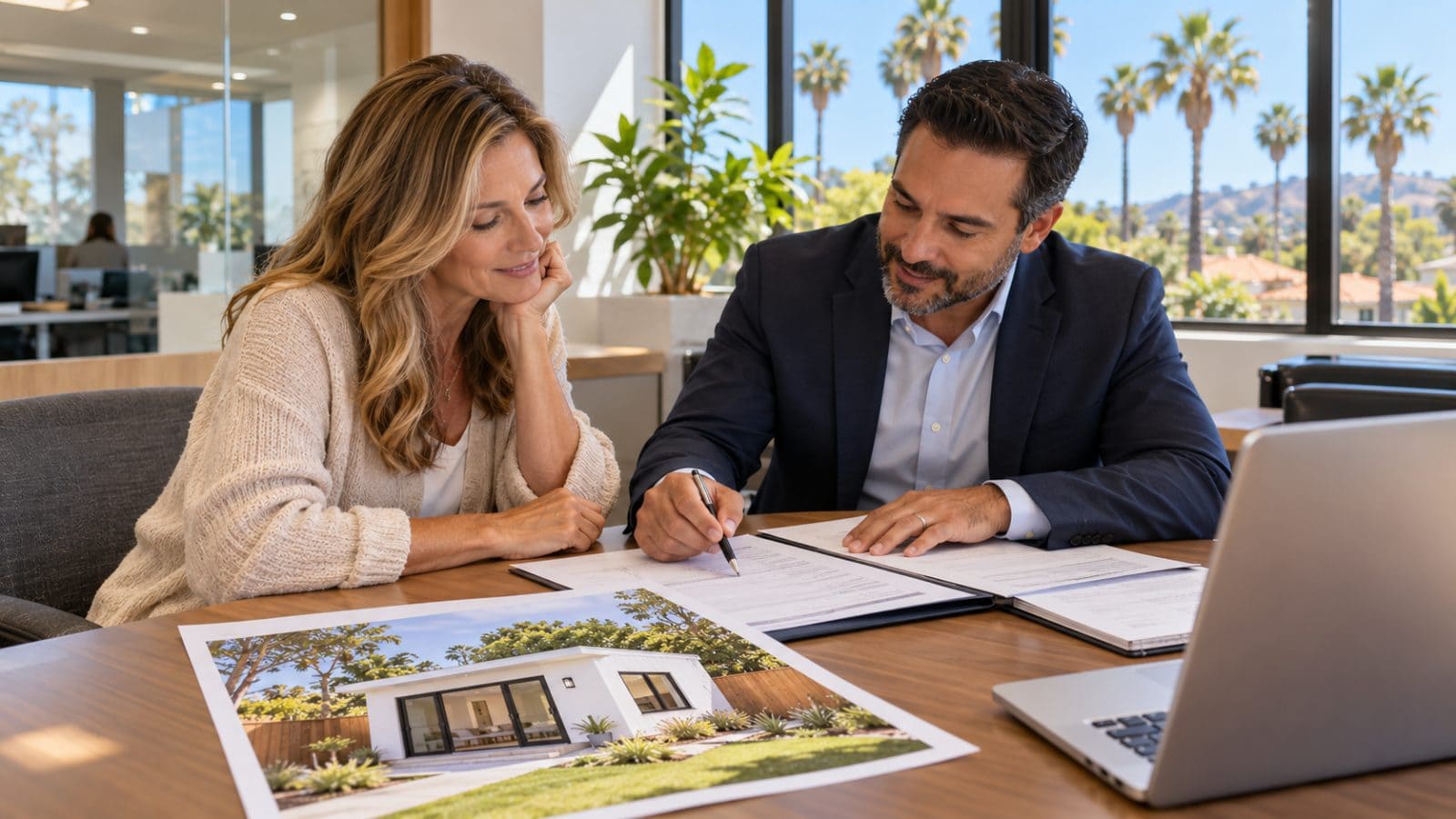 California homeowner meeting with a loan officer to review ADU financing options, with a rendering of her planned backyard ADU on the desk