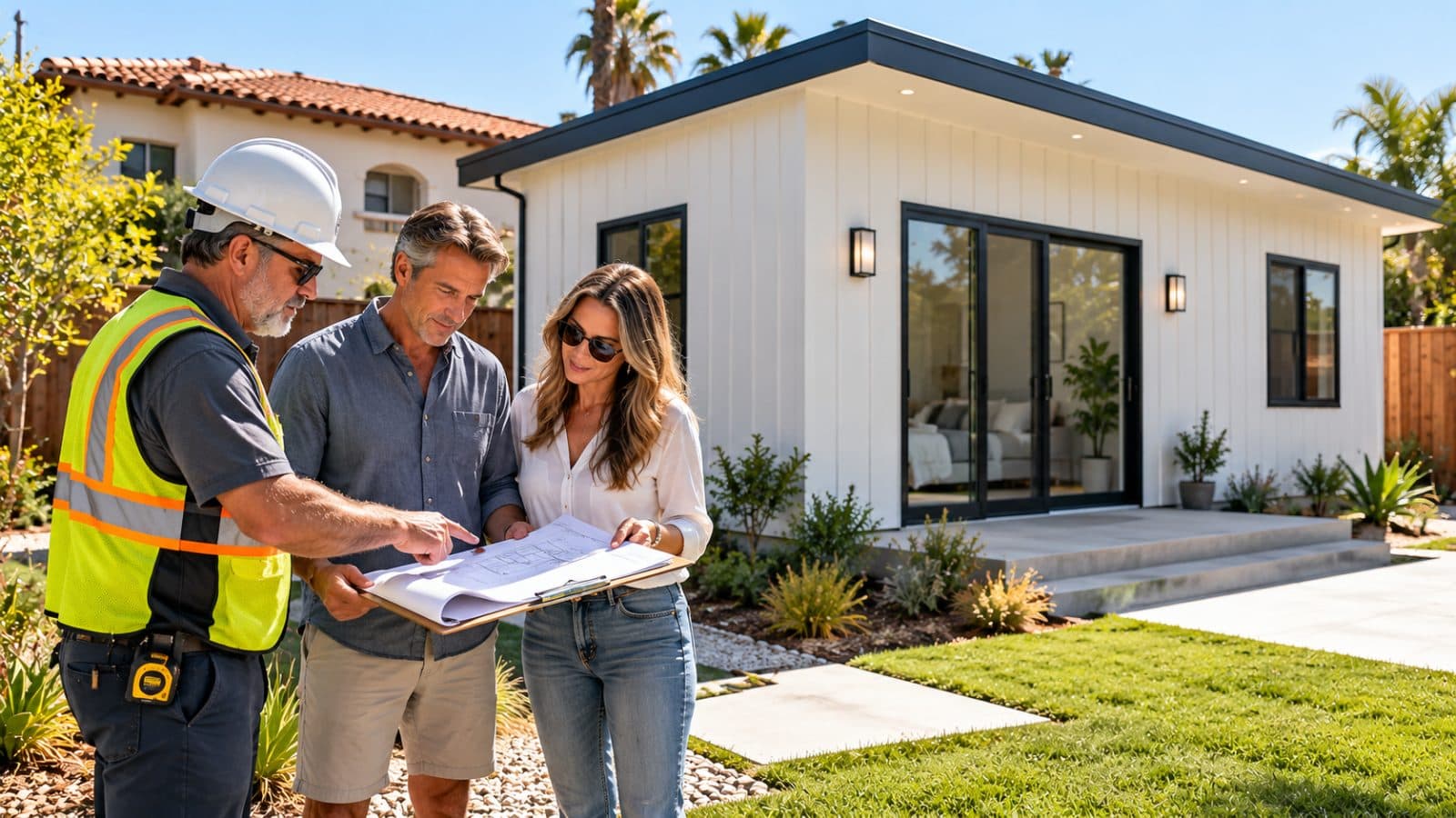 Building inspector reviewing ADU permit plans with a homeowner couple beside a newly installed white prefab ADU in a California backyard