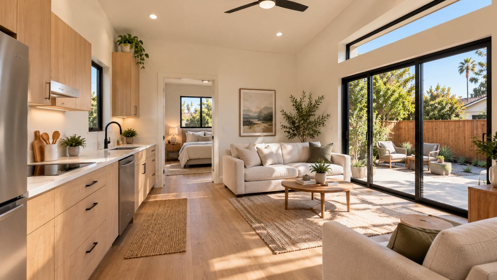 Inside a one-bedroom prefab ADU floor plan: open kitchen along one wall, living area, sliding glass door to a patio and the bedroom beyond